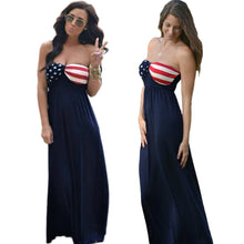 Women Maxi Strapless Dress American Flag Print Sweetheart Neckline Elastic Waist Beach Dress Blue TIML66 TIML66