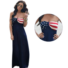 Women Maxi Strapless Dress American Flag Print Sweetheart Neckline Elastic Waist Beach Dress Blue TIML66 TIML66