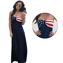 women maxi strapless dress american flag print sweetheart neckline elastic waist beach dress blue TIML66
