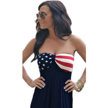 women maxi strapless dress american flag print sweetheart neckline elastic waist beach dress blue TIML66