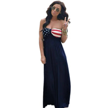 Women Maxi Strapless Dress American Flag Print Sweetheart Neckline Elastic Waist Beach Dress Blue TIML66 TIML66