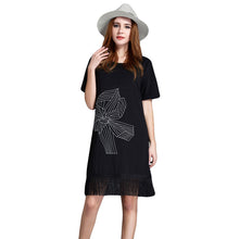 women office dress floral embroidery tassel hem sexy club dress short sleeve straight casual dress black plus size TIML66