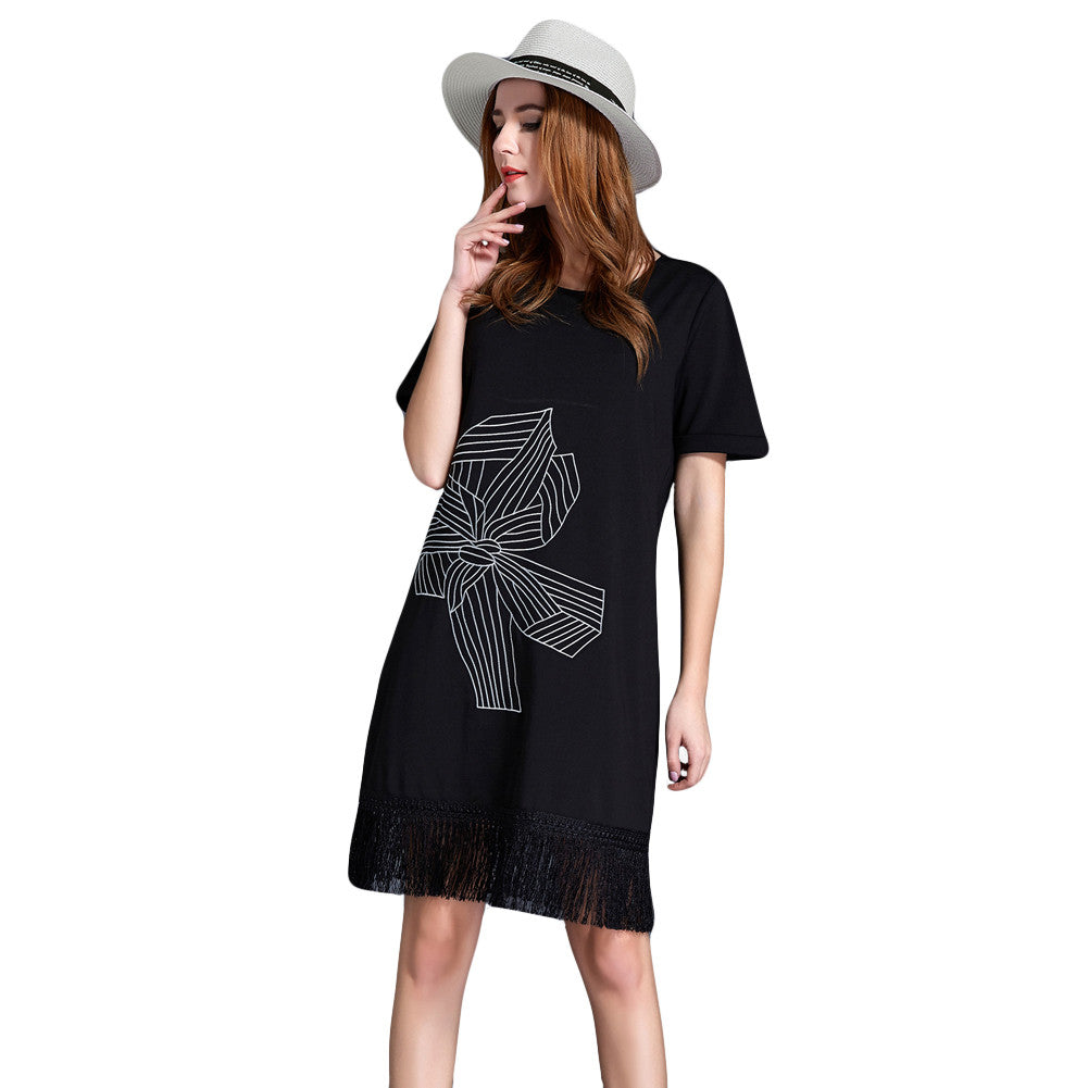 Women Office Dress Floral Embroidery Tassel Hem Sexy Club Dress Short Sleeve Straight Casual Dress Black Plus Size TIML66 TIML66