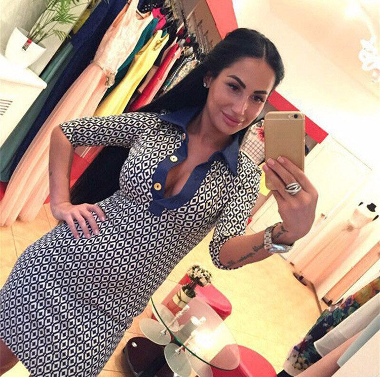 women sexy club dress deep v neck plaid print 3/4 sleeve bodycon dress button front mini office dress vestidos white TIML66