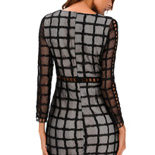 Women Sexy Dress Plaid Pattern Cut Out V Neck Sheer Long Sleeve Bodycon Party Dress Hollow Out Clubwear BlackWhite Dress TIML66 TIML66