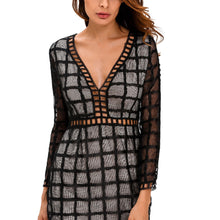 Women Sexy Dress Plaid Pattern Cut Out V Neck Sheer Long Sleeve Bodycon Party Dress Hollow Out Clubwear BlackWhite Dress TIML66 TIML66