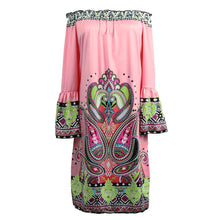 women dress off shoulder flare sleeves slash neck sexy dress printing sundress beach dress vestidos pink TIML66