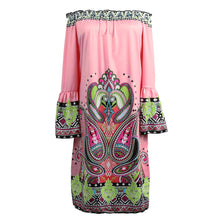 Women Dress Off Shoulder Flare Sleeves Slash Neck Sexy Dress Printing Sundress Beach Dress Vestidos Pink TIML66 TIML66