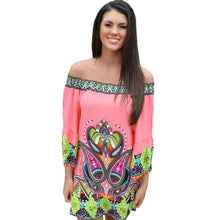 Women Dress Off Shoulder Flare Sleeves Slash Neck Sexy Dress Printing Sundress Beach Dress Vestidos Pink TIML66 TIML66