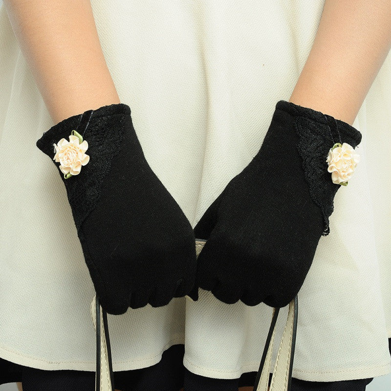 Women Warm Cotton Touch Screen Glove Bow Flower Lace Wrist Gloves Mittens New TIML66