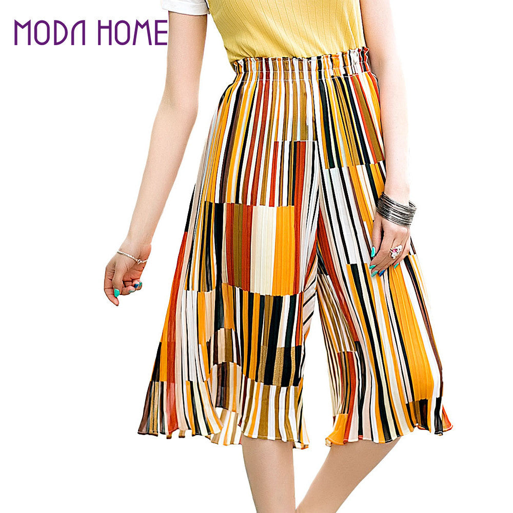 pants women contrastcolor stripe pleated loose plus size elastic waist trousers print wide leg pants TIML66