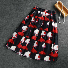 women skirt midi skirt girl print knee length elastic high waist a line pleated skirt black beige jupe femme TIML66