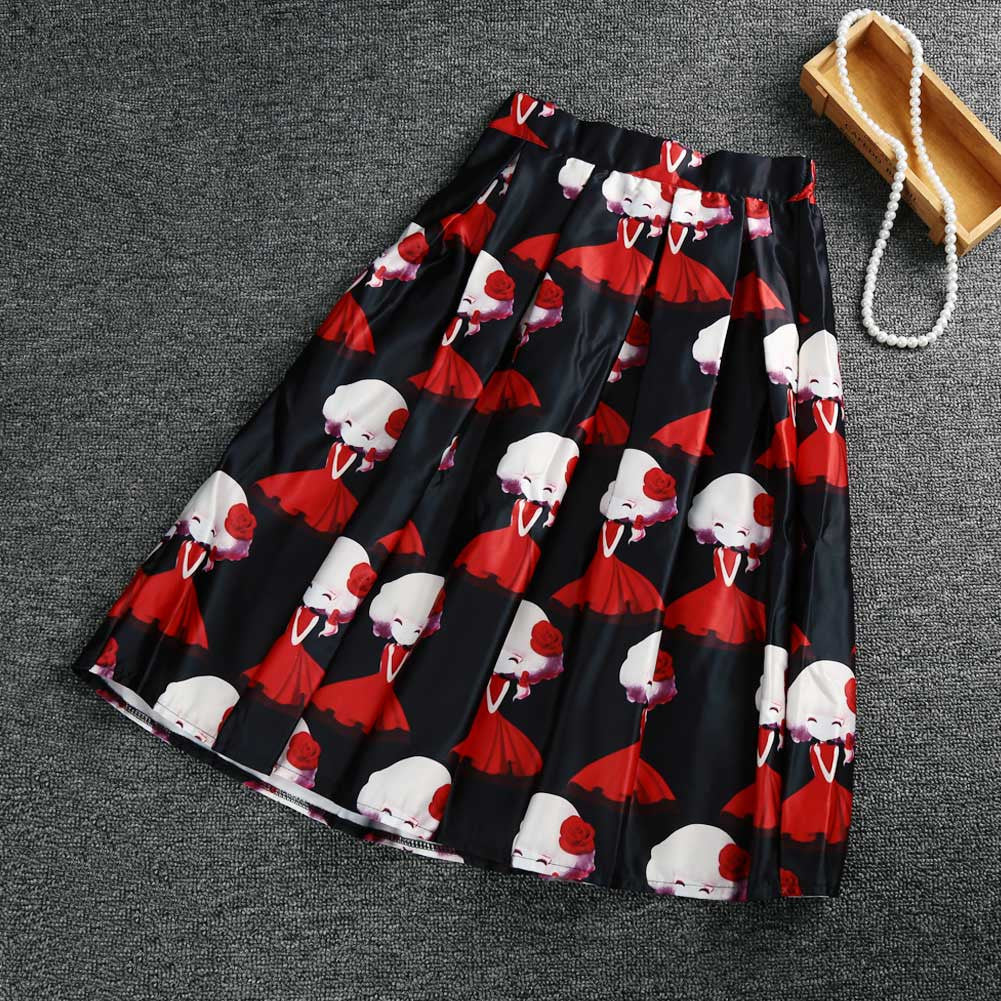 women skirt midi skirt girl print knee length elastic high waist a line pleated skirt black beige jupe femme TIML66